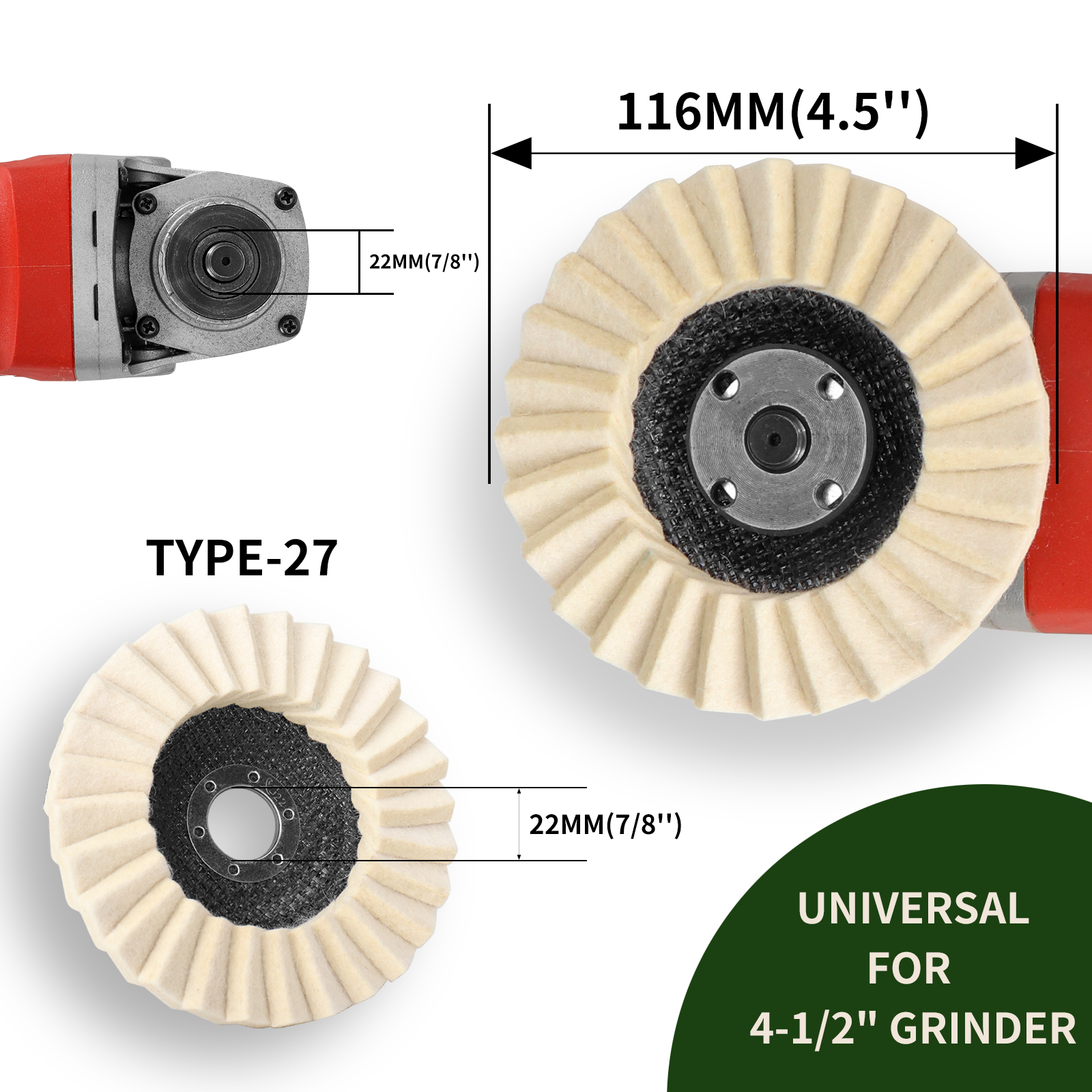 Nundunco 3/4/4.5/5 tommer uldpoleringsskive uldfiltpude slibemaskinetilbehør slibeskive til metal, glaskeramik, polering 1pc: Orange