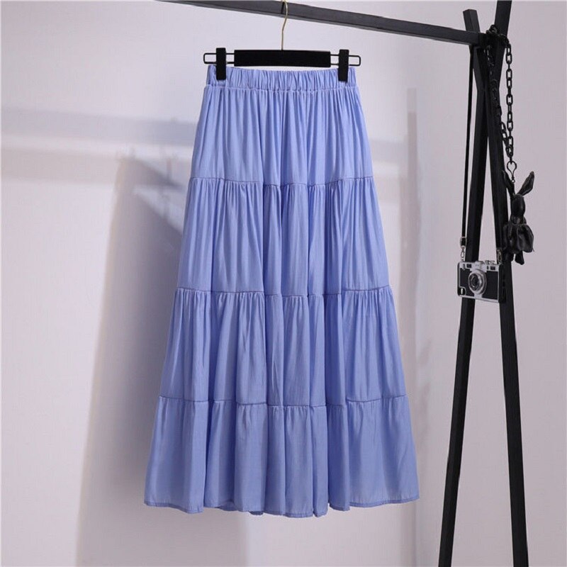 SURMIITRO Korean Style Long Skirt Women For Spring Summer Blue White Black High Waist Sun School Midi Pleated Skirt Female: Blue