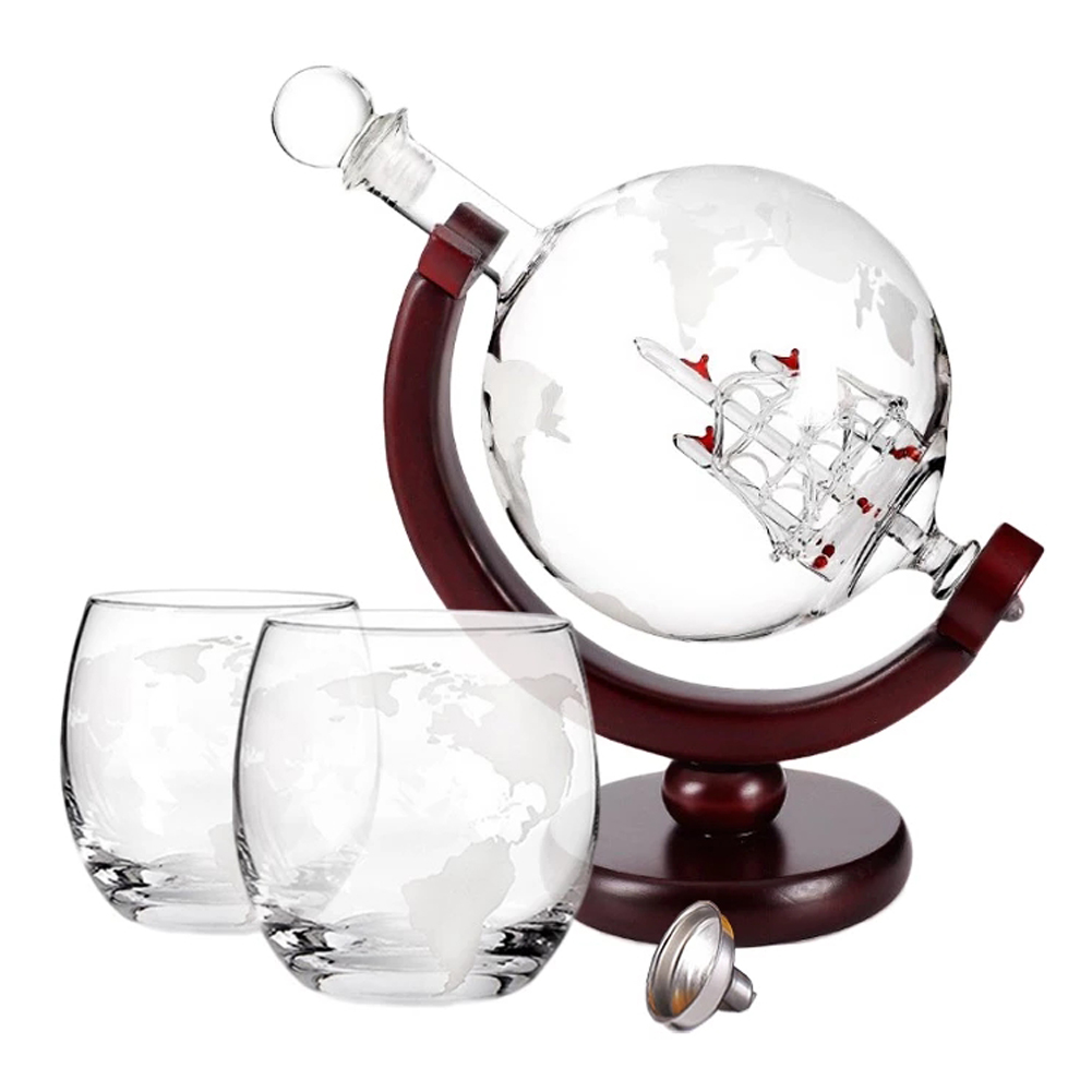 Globe Decanter Set with Lead-free Carafe Exquisite Wood-stand and 2 Whisky Glasses Whiskey Decanter Globe Grade