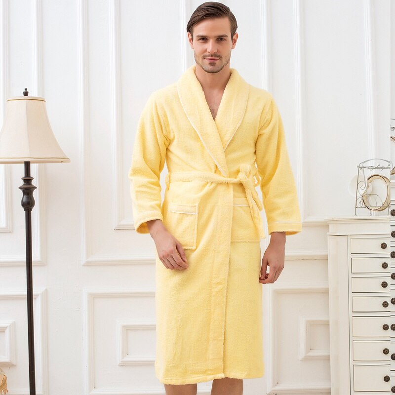Vinter badekåbe herre håndklæde fleece varm blød bomuld lang søvn kimono morgenkåbe badekåbe mandlige morgenkåbe rober plus str. xl: Gul / Xl