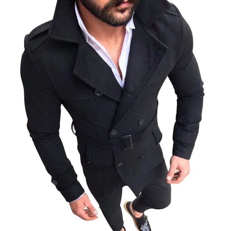 Trench Coat Men Classic Double Breasted Mens Long Coat Mens Clothing Long Jackets Coats British Style Overcoat: Black / M