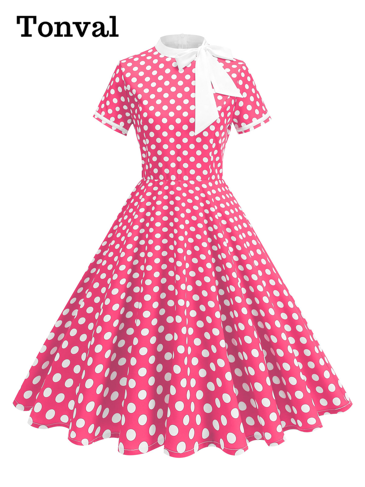 Tonval 1950s vintage fest fødselsdagskjole sommertøj til kvinder sløjfe hals polkaprikket print midi swingkjoler