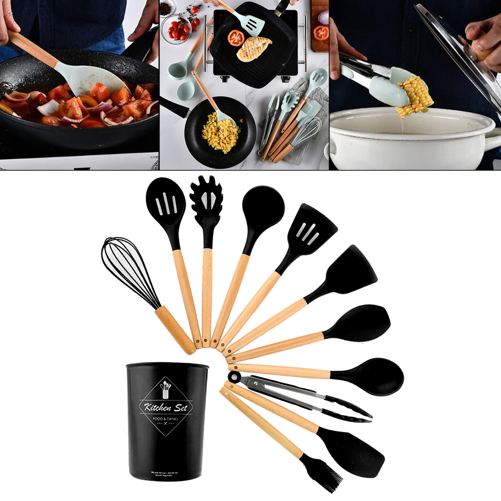 11PCS Nonstick Cookware Non Scratch Wooden Handle Anti-scalding Turner: Black