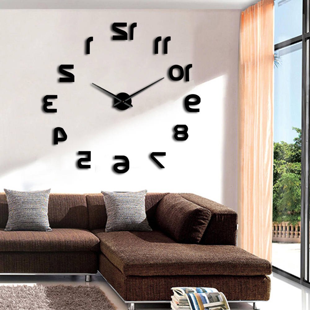 Horloge murale adhésive 3D, grand format, rétro-adhésif, moderne, chiffres inversés, décoration artistique en miroir, DIY bricolage: Black / 37inch