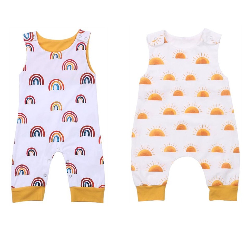 0-24M Newborn Toddler Baby Boy Rainbow Print Long Romper Summer Sleeveless Outfit Cotton Clothes