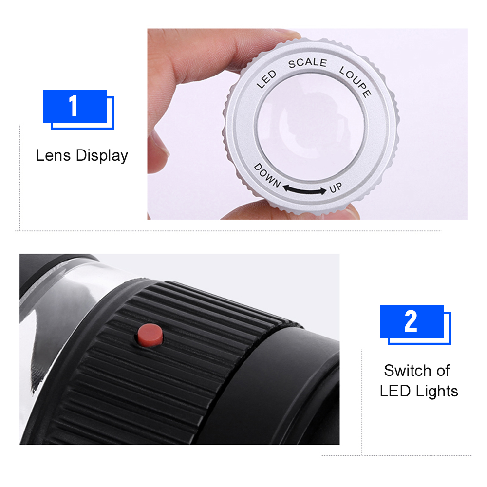 Lupa de escala LED, lupa de aumento ajustable 30X, espejo cilíndrico de Metal con escala, espejo de lectura pequeño, lupa de joyería