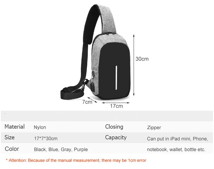 Mini mochila antirrobo multifunción con cargador USB para hombre, para el pecho bolso cruzado, bolsa de hombro Oxford de viaje corto