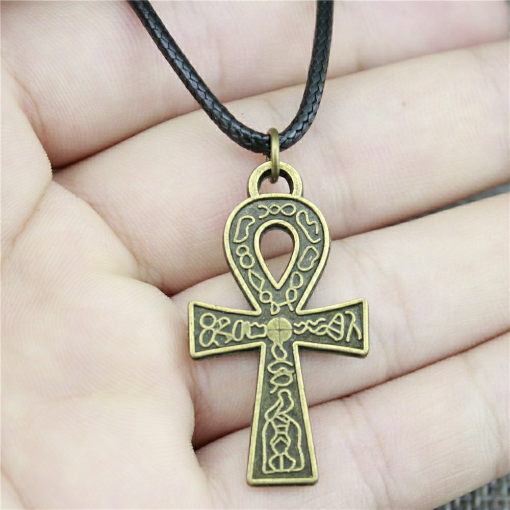 2 Colors Antique Bronze Silver Plated Plated 38x21mm Ankh Cross Pendant Necklace Leather Chain Necklace