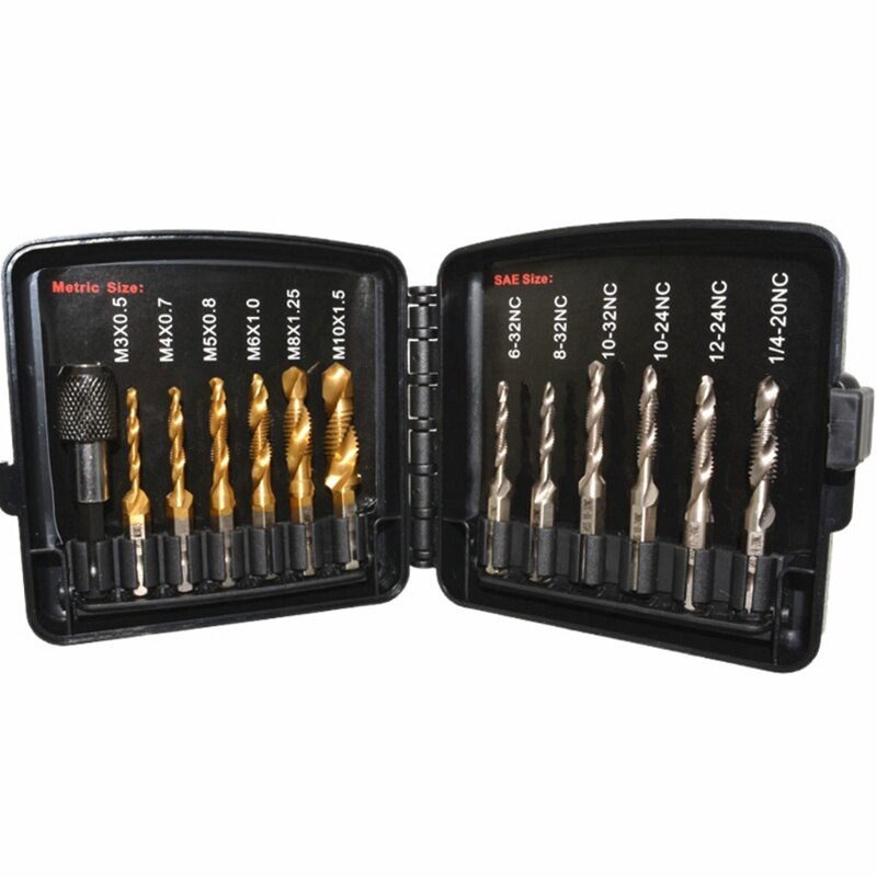 Titanium Combination Drill Tap Bit Set 13 Pcs SAE &amp; Metric Tap Bits Kit for Screw Thread Drilling Tapping HSS Durable