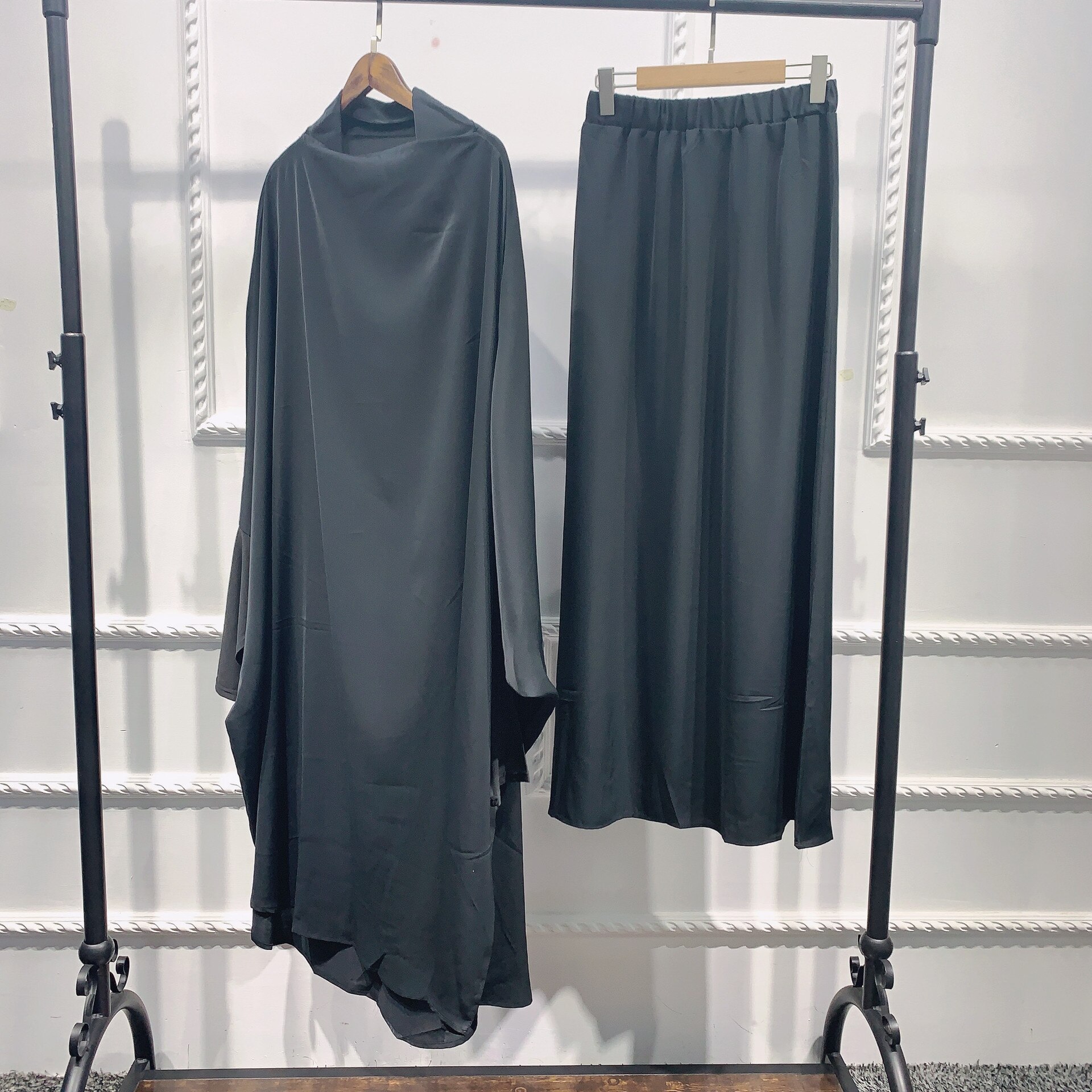 Ramadan Eid Vrouwen Gebed Kledingstuk Moslim Set 2 Stuk Bijpassende Outfit Hooded Khimar Hijab Lange Rok Abaya Jurk Islam saudi: Black