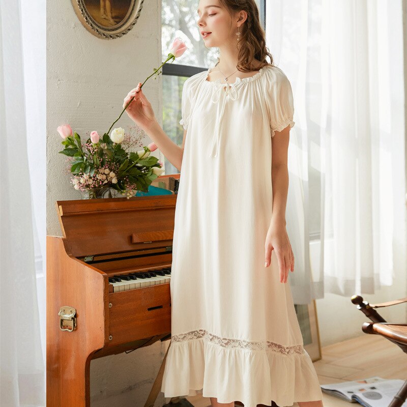 Women Cotton Pink White Sexy Sleepwear Nightdress Lace Nightwear Homewear Luxury Nightgown Female Gown: White / L