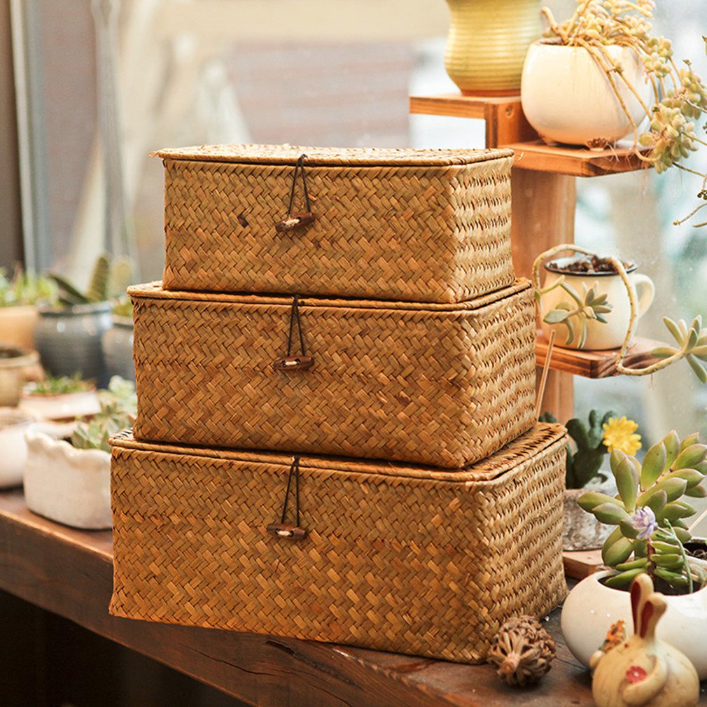 Seaweed Hand-Woven Storage Box Storage Box Desktop Sundries Storage Box Clothes Storage Basket Finishing Basket With Lid