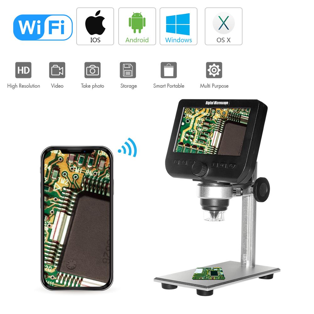 1000x digitalt trådløst wifi-mikroskop 4.3 tommer 1080p lcd-skærm 8 led-kamera forstørrelsesglas til ios android med stativ: Metalbeslag