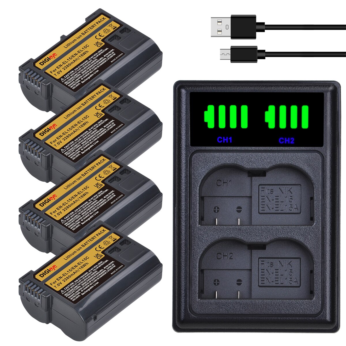 EN-EL15 EN EL15C Battery + Charger for Nikon D500, D610, D750, D800, D810, D850, D7000, D7100, D7500, Z5, Z6, Z6II, Z7, Z7II: 4 battery 1 charger