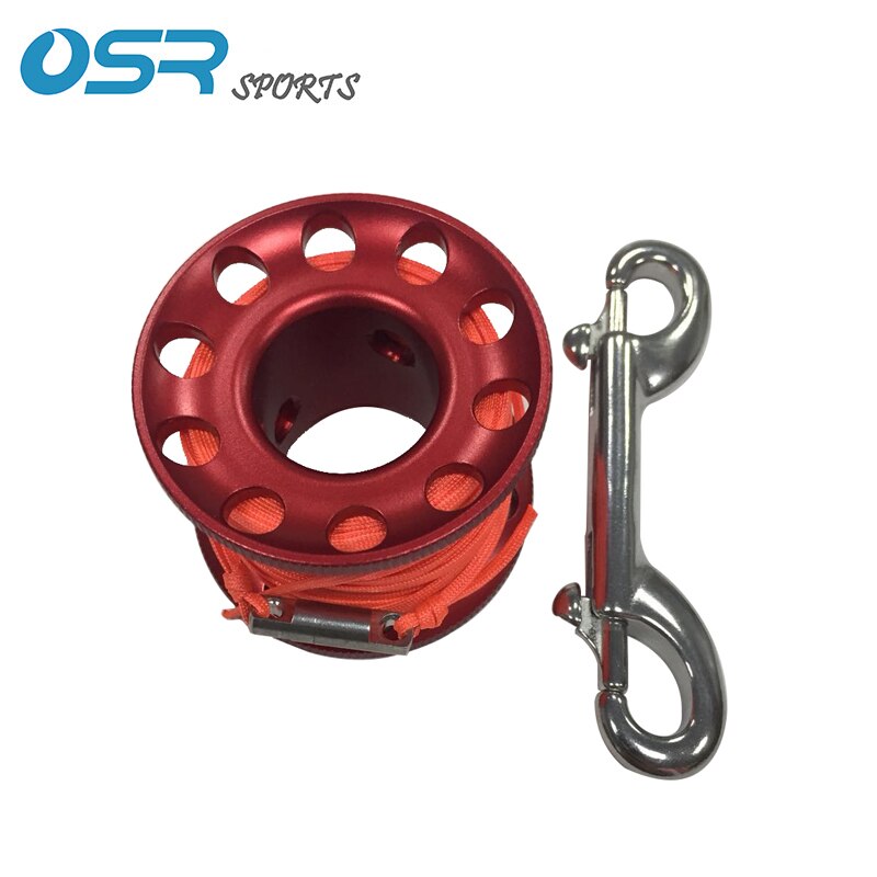 Duiken Aluminium Reel met 30m orange platte touw met 90mm 316 rvs double end karabijnhaak en twist protector: Red