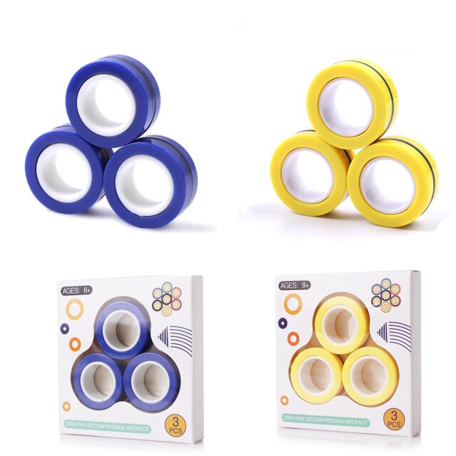 Juguetes de Anillos Magnéticos (6 Unidades). Aros Giratorios con Imán para Aliviar el Estrés, TDAH. Apto para Niños y Adultos.: Pack Azul + Amarillo
