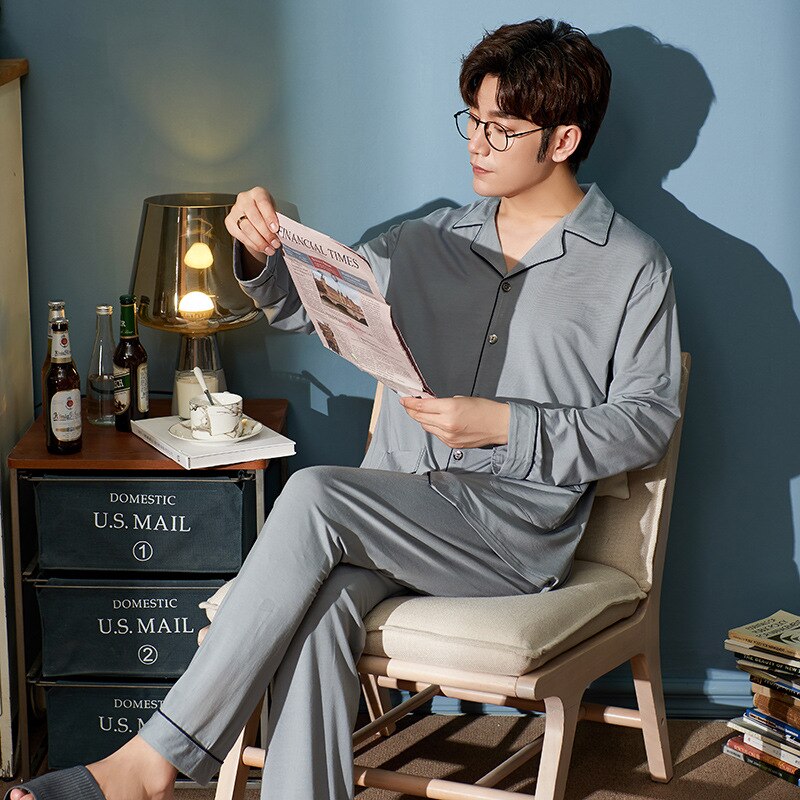 MELIFLE automne tout coton hommes vêtements de nuit col rabattu ample solide à manches longues pyjamas ensemble loisirs Masculino nuisette