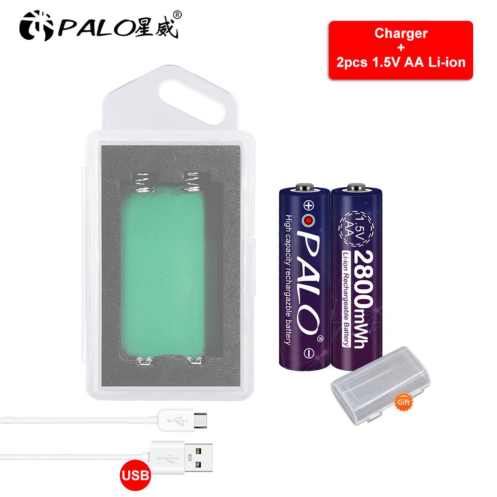 PALO 2800mWh AA1.5V lithium-ion battery 1.5V AA rechargeable pre-charge battery+1.5V AA li-ion battery charger case usb charger: 2pcs and charger