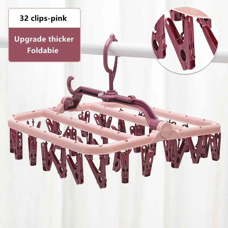 32-Clips Multifunctional Drying Rack, Foldable Side Hanger, Household Socks For Drying, Children's Hanger, Dormitory Drying Rack: pink