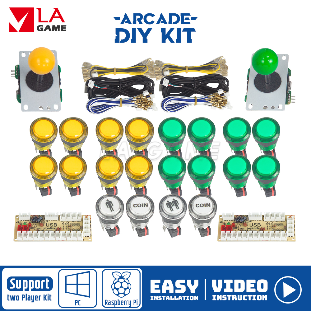 Kit Arcade 2 Speler Nul Vertraging Mando Arcade Usb Encoder Om Pc Rasberry Pi 33Mm Led Drukknop Joystick usb Arcade Kast: Green and yellow