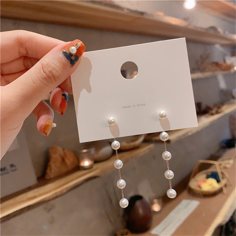 Pendientes largos de perlas de imitación para mujer, pendientes colgantes de perla redonda blanca para boda, joyería de coreana