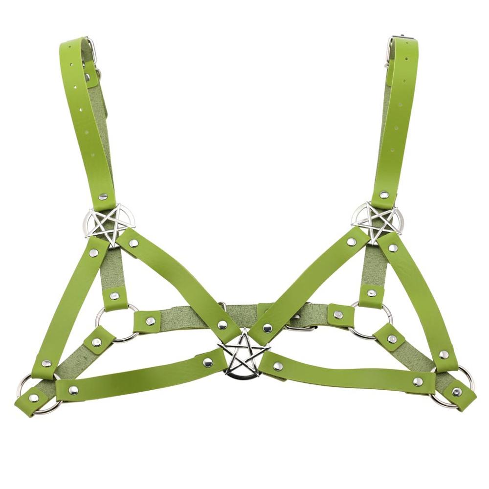 KMVEXO estilo Punk gótico Metal estrellas Bra cuerpo pecho collares para mujeres cuero arnés Anime collar calle joyería: Green