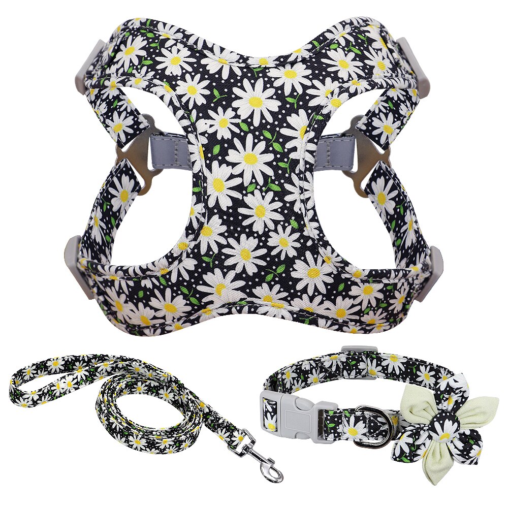 French Bulldog Harness Leash And Collar Set Printed Pull Dog Harness Leash Collar Vest Small Large Dogs Medium Set For