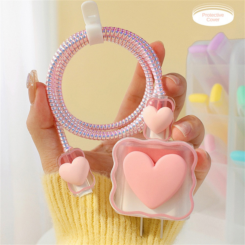 Funda protectora 4 en 1 para cargador de iPhone, carcasa protectora de Cable Love Heart para iPhone 15, 14, 11, 16, 18w, 20w, accesorios de bobinadora: Rosa