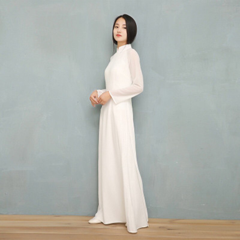 Vietnam Ao Dai Wit Solid Chiffon Perspectief Jurk Voor Vrouw Chinese Cheongsams Volledige Mouw Vrouwelijke Oosterse Jurk RB85