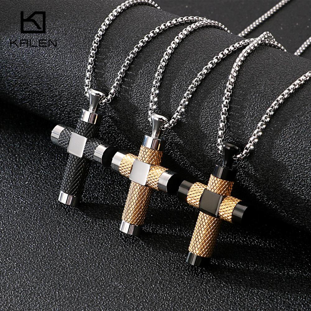 KALEN Stainless Steel Big Cross Pendant Necklace 3 Color Crucifix 65CM Long Chain Necklace Prayer Jewelry Accessories