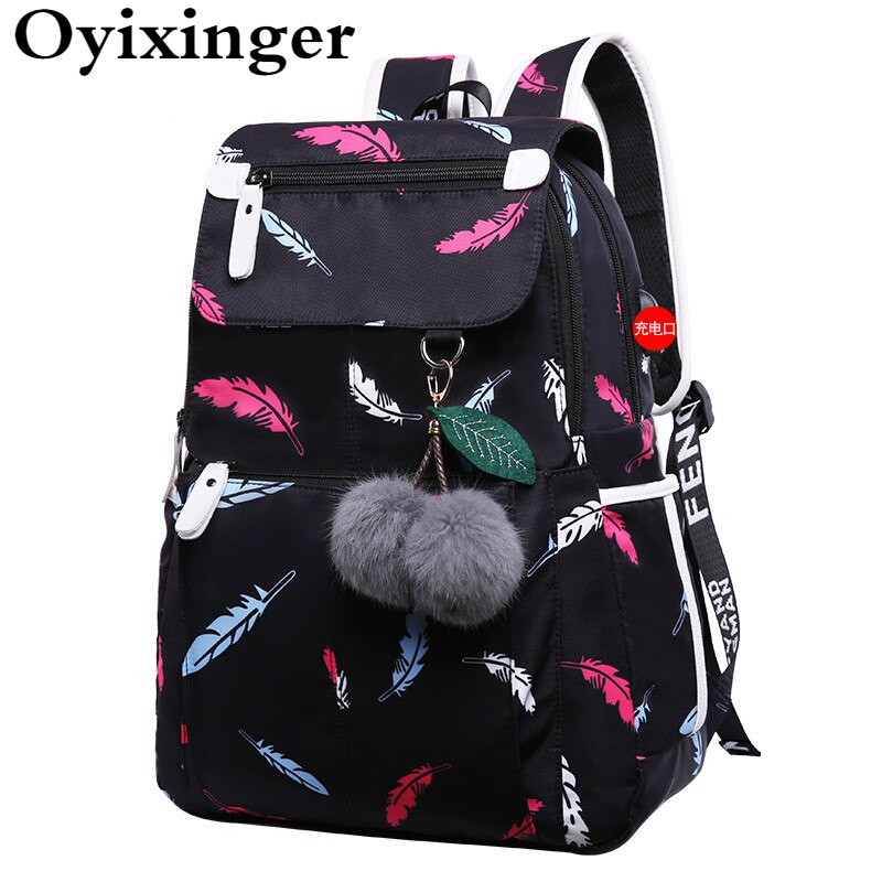 Junior High School Bags For Girls Laptop Backpack Female Usb Backbag Children Backpacks School Backpack For Girls Bag Pack: Feather