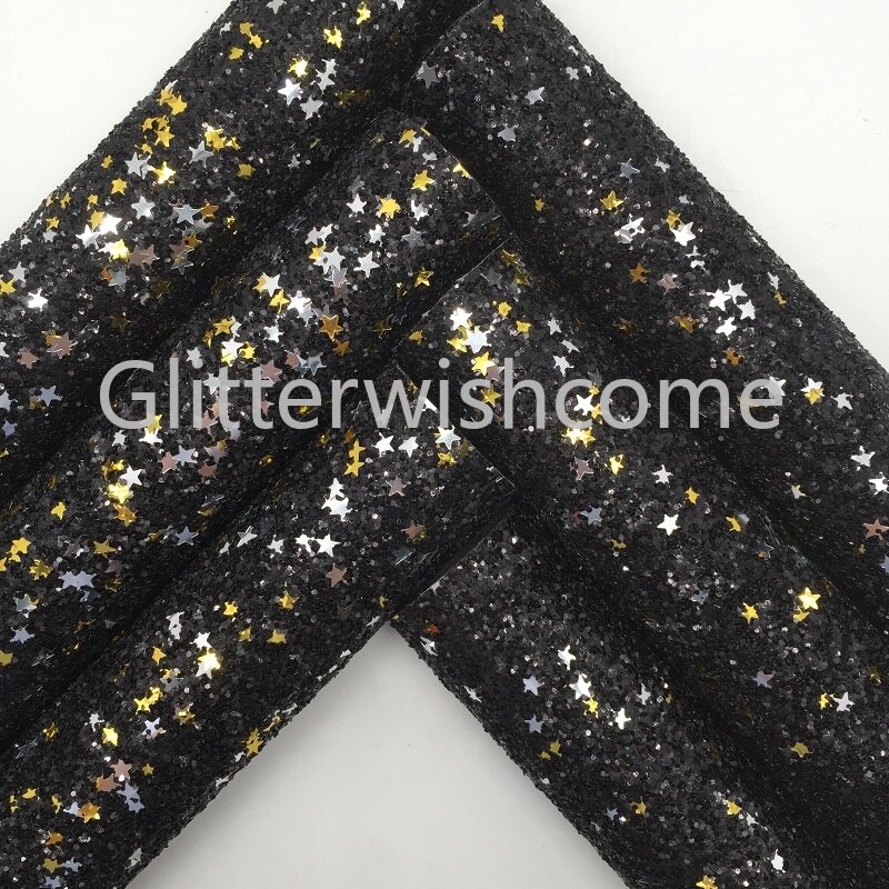 Glitterwishcome 21X29CM A4 Size Black Chunky Glitter Leer Met Zilveren En Gouden Sterren Glitter Vinyl Voor Bows, GM873B