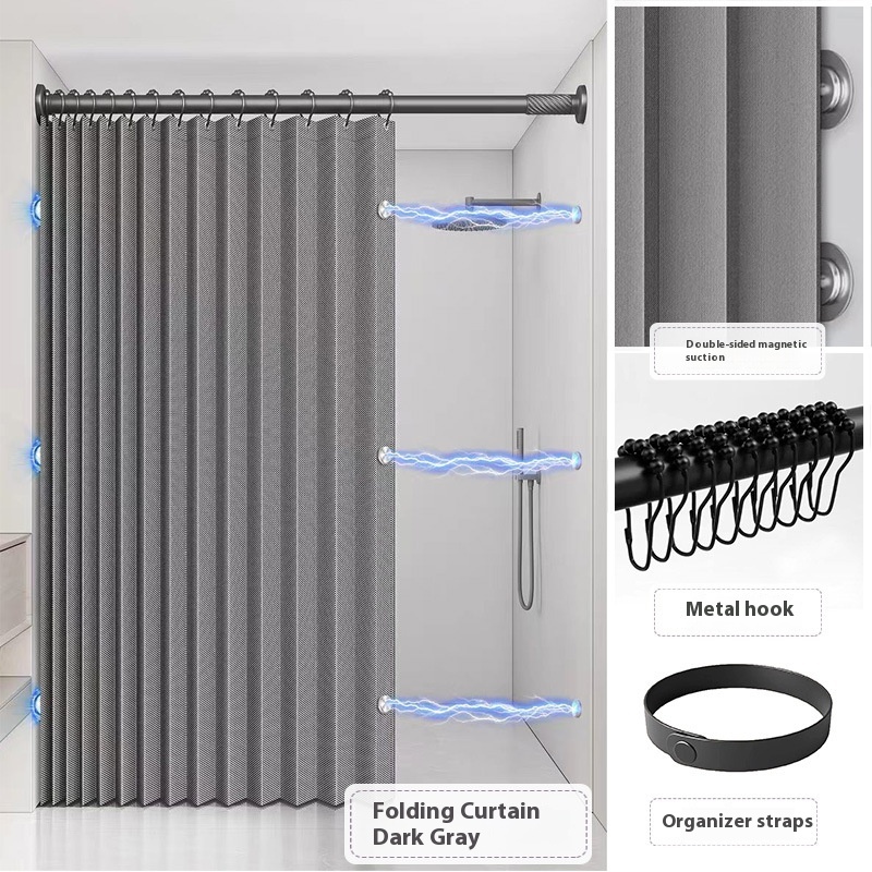 Cortina de ducha de lino plegable para baño con imanes, resistente al agua, adecuada para ducha que no incluye varilla telescópica: 125-220 cm / BLANCO