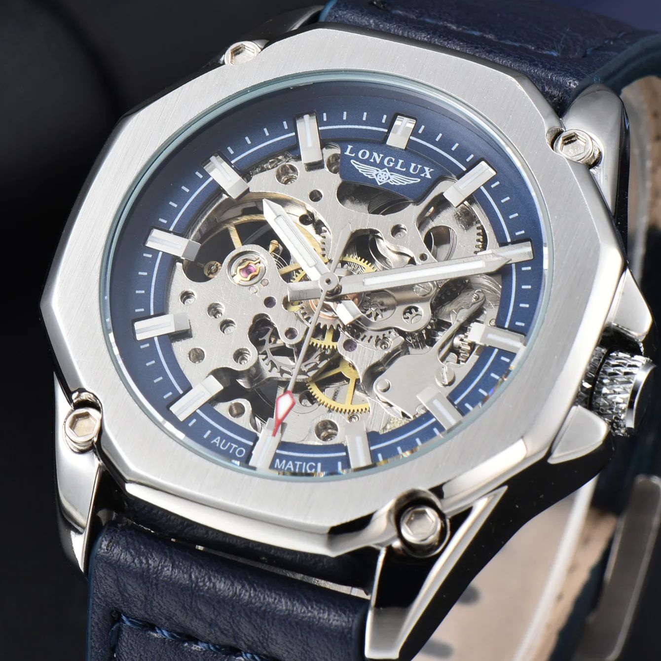 LONGLUX montre automatique sport style montres mécaniques creux en cuir hommes montre hommes