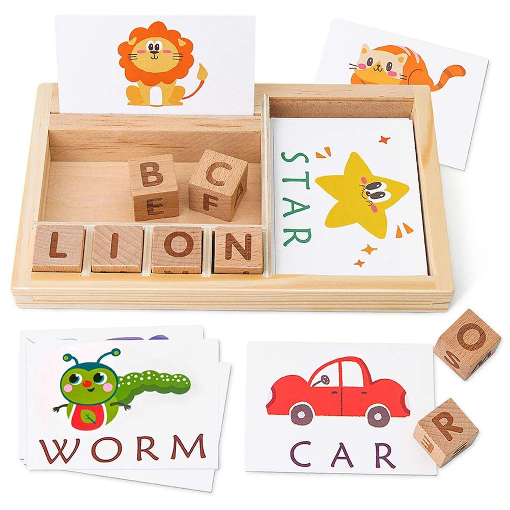 Kids Spelling Games Wooden Matching Letters Toy with Words Flash Cards Alphabet ABC Learning Puzzle for Preschool Kids