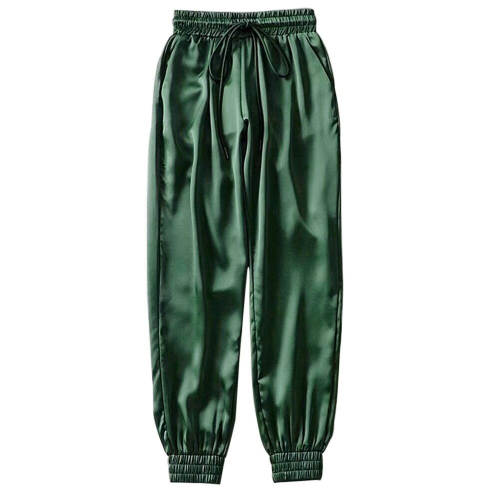 Sfit Vrouwen Zomer Satijn Cargo Broek Vrouwen Europa Trekkoord Losse Ongedwongen Sport Broek Vrouwen Bf Joggers Streetwear Cargo Broek: green / Asian Size XL