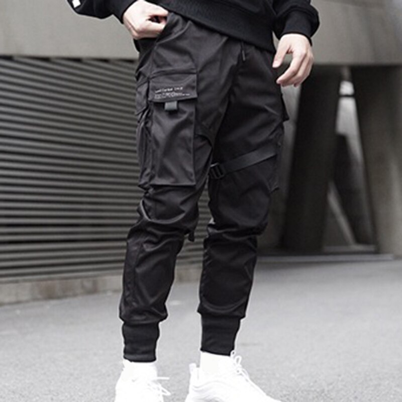 Fahsion Men Ribbons Color Block Black Pockets Cargo Pants Harem Joggers Harajuku Sweatpant Hip Hop Trousers