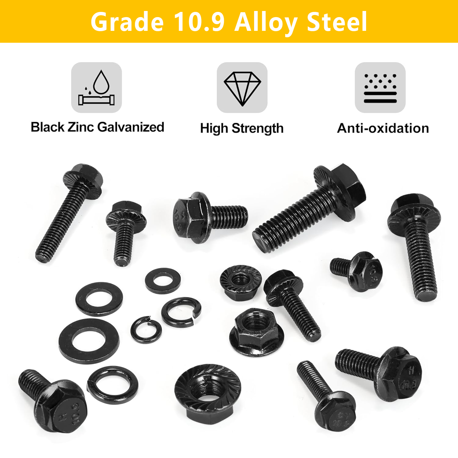 Kit de tuercas y pernos hexagonales con brida de 272 piezas, perno M6, pernos M8 x 1,25, M10-1,5, surtido de pernos métricos, acero de aleación clase 10,9 platillo de zinc negro