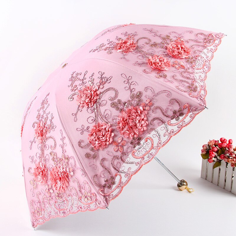 Lace Umbrella Rain Women Folding Flower Double Layer Umbrellas Black Coating Anti UV Parasol Wedding Umbrellas UBY85: Color 7