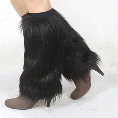 Winter Women Boot Covers Furry Solid Color Faux Fur Soft Leg Warmers: Black