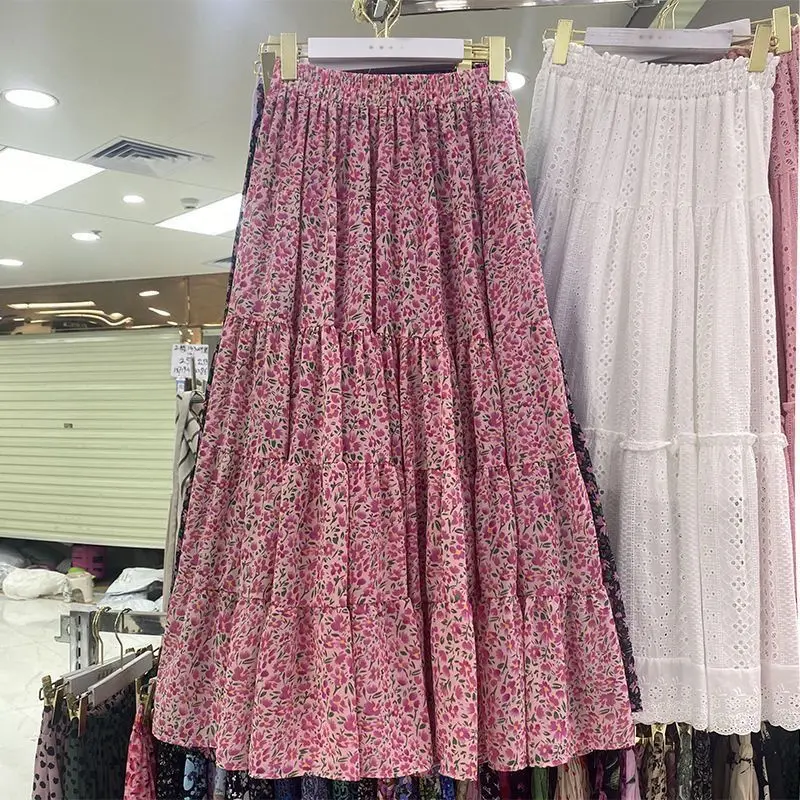 Koreansk dongdaemun blomstertrykk elastisk midje drapert skjørt dame a-linje midi skjørt vårsesongen slankende elegant