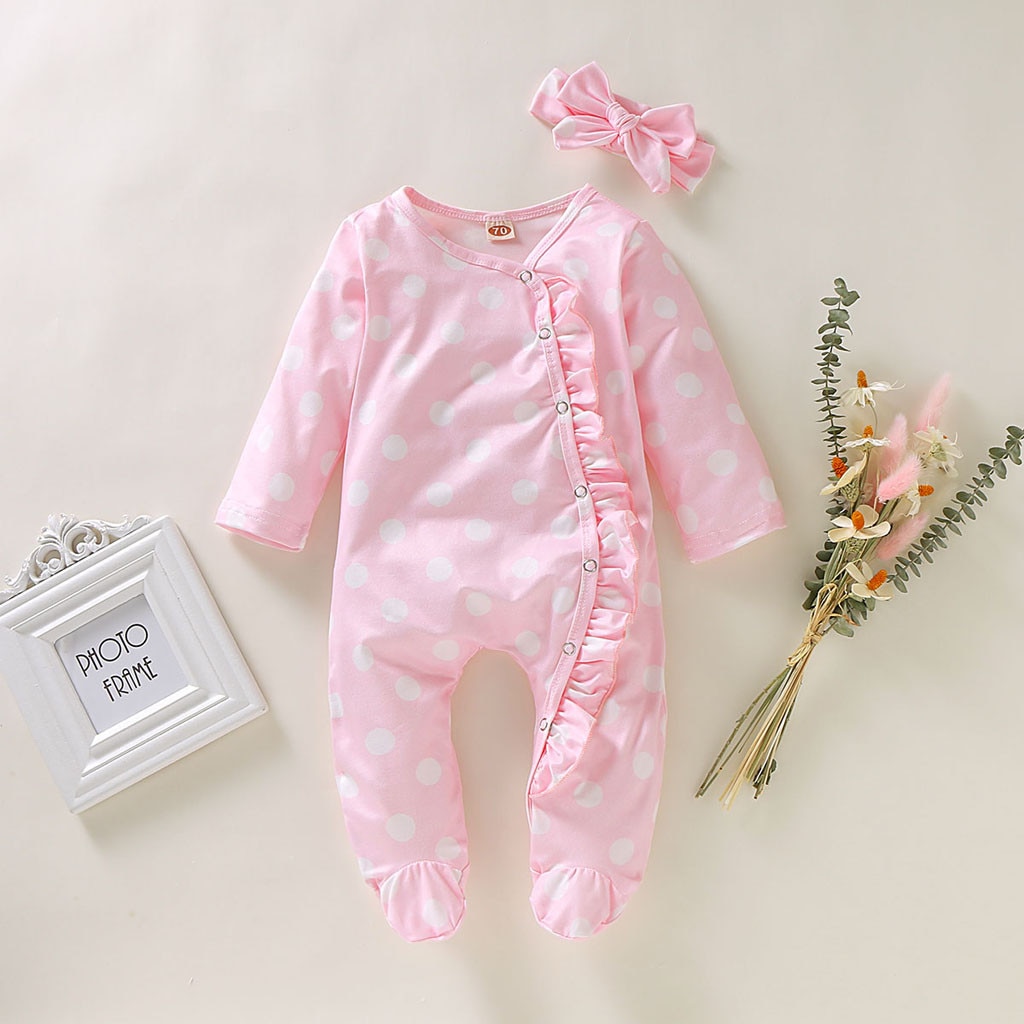 Leuke Pasgeboren Baby Baby Meisje Jongen Jumpsuit Betaalde Sleeper Dot Print Romper Hoofdband Baby Kleding Jumpsuit Outfits Playsuit Set