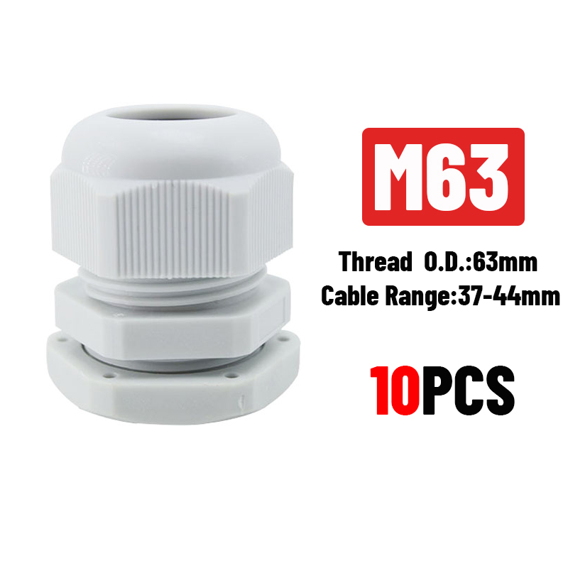 White 10pcs IP68 M12 for 3-6.5mm PG7 M16 M18 M20 M25 M36 M40 M63 Wire Cable CE Waterproof Nylon Plastic Cable Gland Connector: M63x1.5