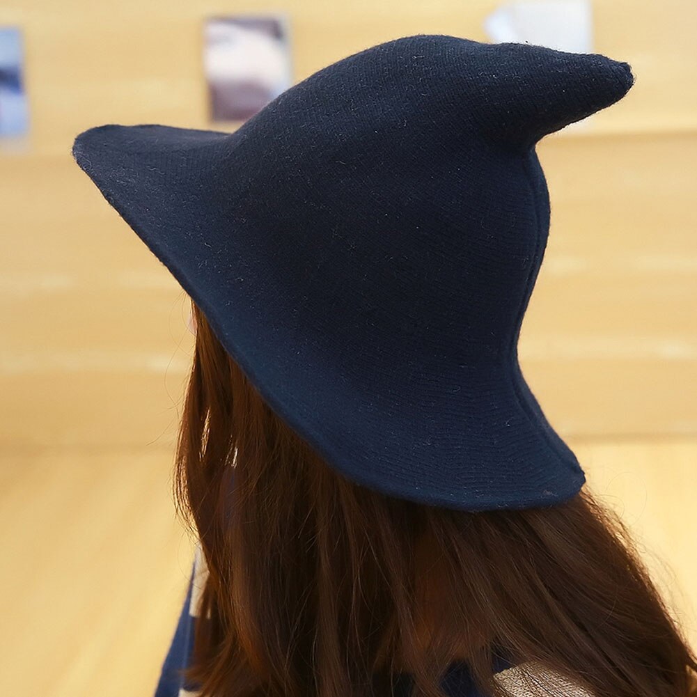 Women Modern Witch Wool Hat Foldable Costume Sharp Pointed Wool Felt Halloween Party Hats Witch Hat Warm Cap: Navy Blue