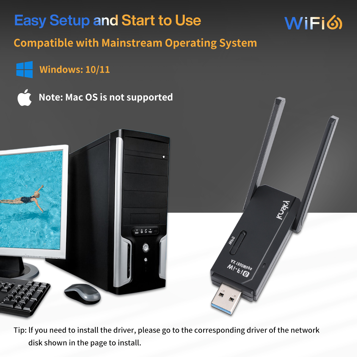 Wireless USB Wifi Adapter WiFi 6 Daul-band 1800Mbps 802.11ax 2.4GHz&5.8GHz USB3.0 Boost Your Internet Speed with 1800Mbps