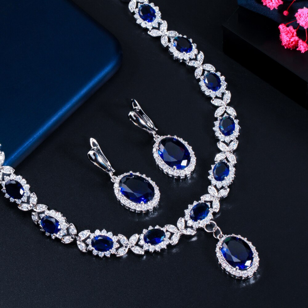 CWWZircons – collier en feuille de zircone cubique, couleur or blanc, bleu goutte, grand Costume de mariage pour femmes, ensemble de bijoux pour mariées, T523