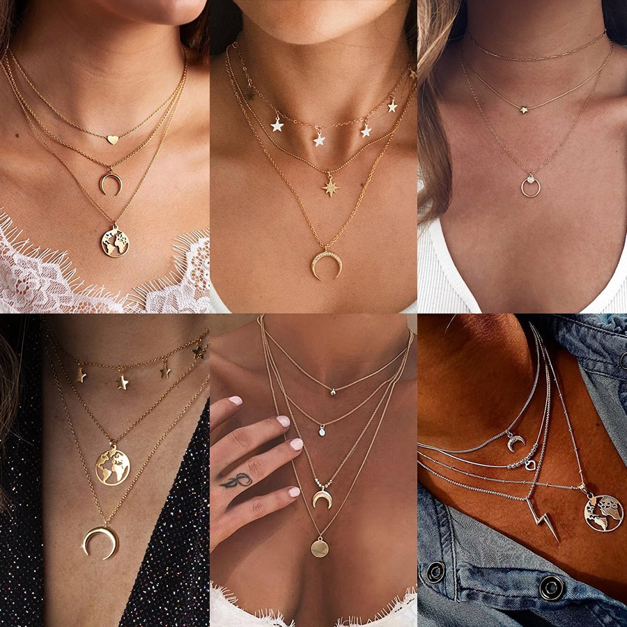 Collana del Choker Per Le Donne Dell'annata Boho Catena D'oro Collares Gioielli Terra Luna Rotonda Chic Layered Collane Pendenti Con Gemme E Perle Accessori