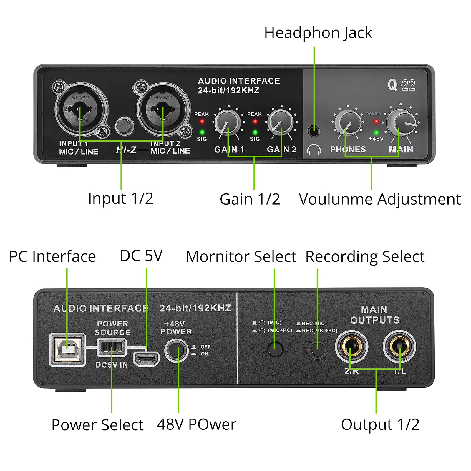 Interfaz de Audio Q-22, tarjeta de sonido con Monitor, mezclador de sonido, guitarra eléctrica para grabación en estudio en vivo, micrófono, alimentación fantasma de 48V