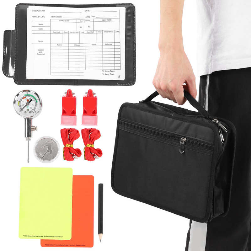 Football Referee Tool Kit Oxford Cloth Bag+ Toss tool+ Logbook+Pen+ Pressure Gauge+Red/Yellow Warning Sign +Referee whistle
