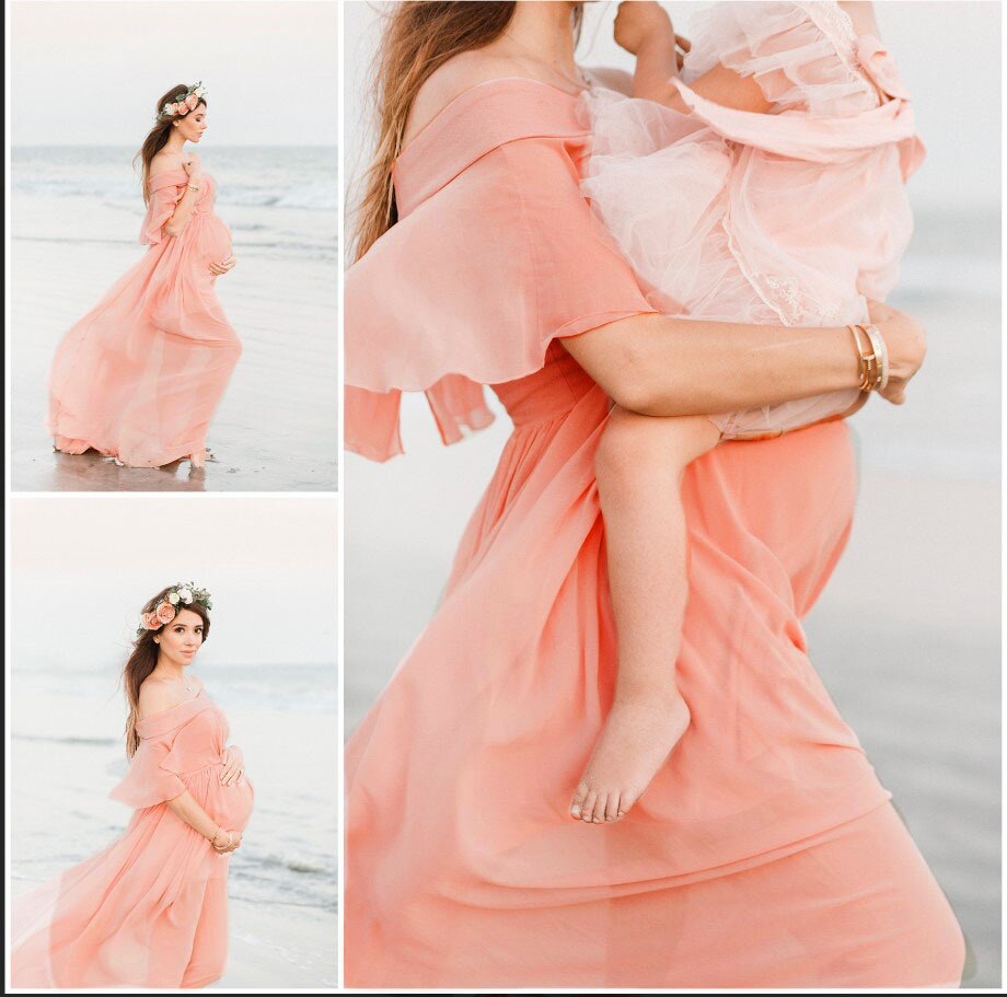 Sexy Off Shoulder Strapless Maternity Dresses Women Pink Chiffon Gown Pregnancy Dress Boho Pink Maxi Long Photo Shoot Dress